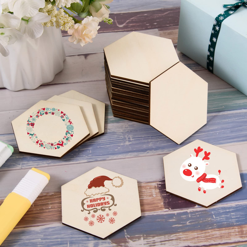 Christmas Craft Embellishment - 5cm Wooden Hexagon Blank Slices Unfinished